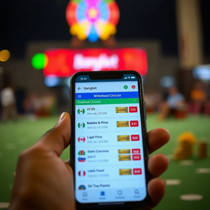 Mobile phone displaying BangBet withdrawal options on screen with Nigerian currency symbols